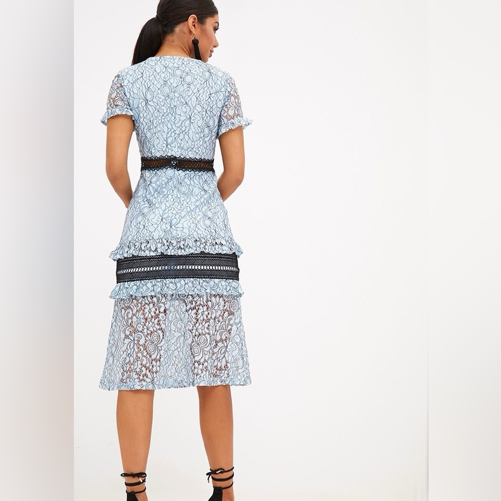 PrettyLittleThing Women’s Dusty Blue Lace Ruffle‎ Detail Midi Dress Size 8 New - Picture 2 of 15